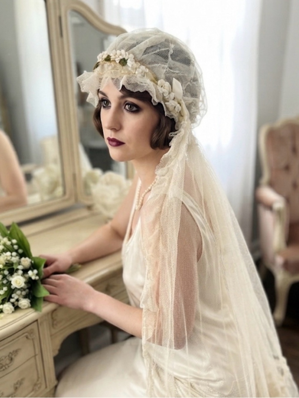 Vintage 1920s Juliet Cap Veil with Silk Floral Accents & Lace Netting